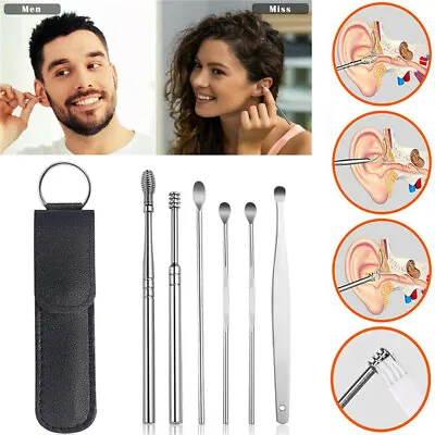 6x Ear Pick Cleaning Set Stainless Steel Ear Wax Remover Spiral Tool Curette Kit • £2.99