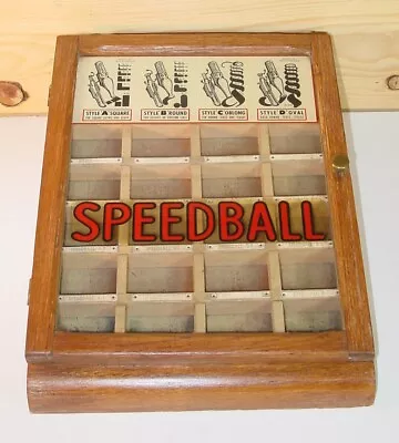 Vintage Speedball Calligraphy Pen Nibs Advertising Oak Wood & Glass Display Case • $168