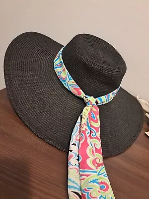 Mud Pie Floppy Beach Hat Black W Colorful Ribbon Design 100% Paper Straw • $7