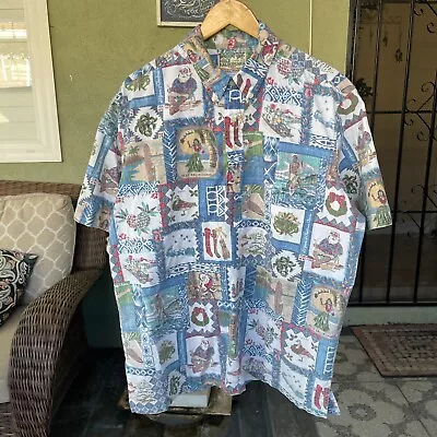 REYN SPOONER XL 2002 Mele Kalikimaka Merry Christmas Button-Down Mens Shirt Blue • $45