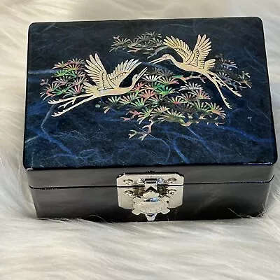 Black Lacquer Trinket Box With Mother Of Pearl Inlay Crane Birds Flying 4”x3”2” • $25