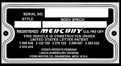 Mercury Early Mid 1950s Data Body Plate VIN Identification 1952 1953 54 55 56 57 • $27.50