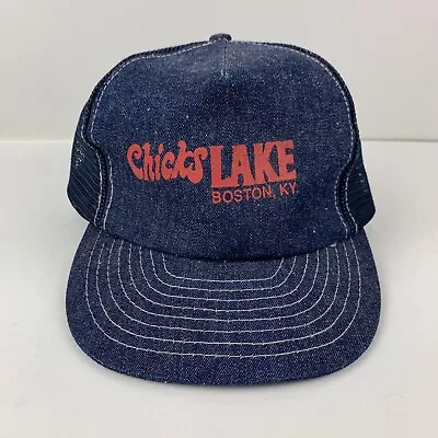 Vintage Otto Cap Co Blue Denim Mesh Snapback Truckers Hat Chick's Lake Logo KY   • $12.50