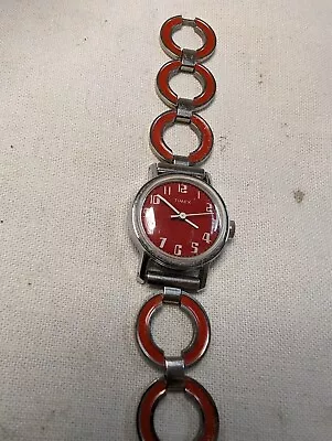 Timex Wind Up Vintage Wristwatch Silver Tone Round Red Face 70s Style - Running • $34.99