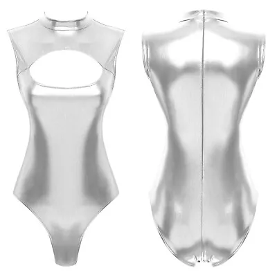 £14.59 • Buy UK Women Shiny Metallic Sleeveless Bodysuit Jumpsuit Turtleneck High Cut Leotard