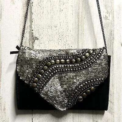 Ecote Urban Outfitters Black Suede Envelope Clutch Boho Crossbody Chain Beaded • $19.99