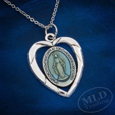 Miraculous Medal Heart Pendant Necklace 24  Chain Textured Silver Alloy Design • $9.99