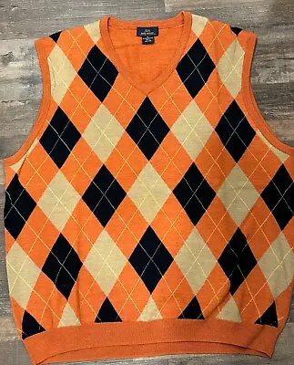 Brooks Brothers Sweater Vest Men XL Orange Argyle 346 100% Merino Wool V Neck • $24.99