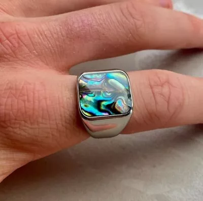 Solid 925 Sterling Silver Blue Abalone Shell Cushion Gemstone Mens Unisex Ring • $55.99