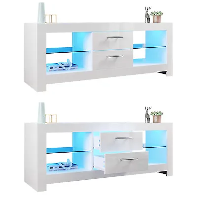 £99.99 • Buy TV Table Stand Entertainment Unit Cabinet LED & Drawers White High Gloss 130cm