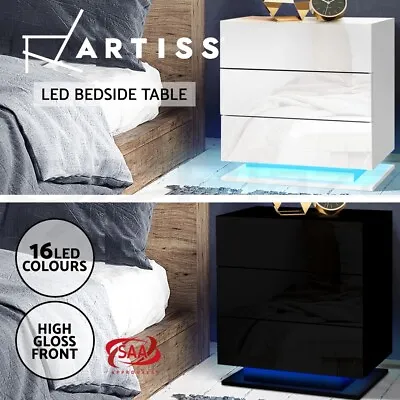 Artiss Bedside Table Side Table RGB LED Lamp 3 Drawers Nightstand Bedroom Gloss • $82.95