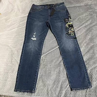 Ed Hardy Size 30 Denim Panther Snake Medium Wash Distressed Jeans Slim Fit NWT • $59.99