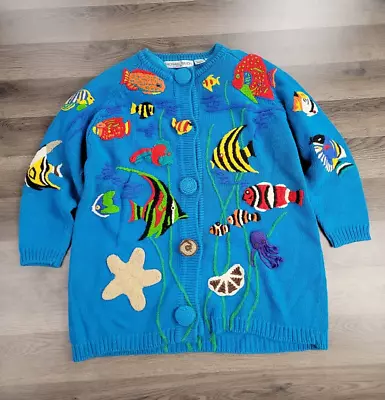 Vintage 90's Michael Simon Cardigan Fish Embellishments Embroidery Blue One Size • $74.95