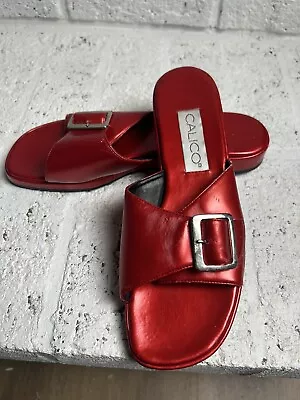 Vintage Calico Sandals Candy Apple Red Patent Leather Buckle Women’s 7.5 • $28