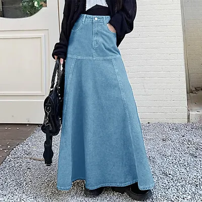 UK Women High Waist Denim Jeans Look Long Skirts Swing Skater A-Line Maxi Skirt • £20.99