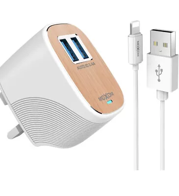 MOXOM 2 X USB Charger Plug Fast Charge 2.4A 22W & Sync Cable Apple IPad IPhone # • £7.50