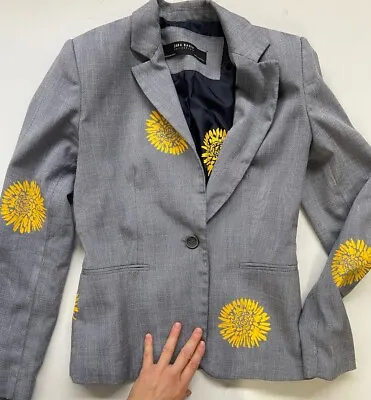 One Of A Kind Upcycled Eco Yellow Florals Hand Printed On Zara Suit Jacket • $94.51