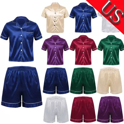 US Mens Short Sleeve Pajama Top Or Shorts Sleepwear Silk Satin Home Loungewear • $8.30