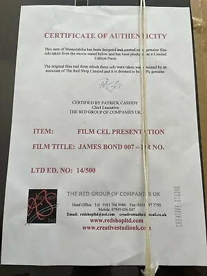 £49.95 • Buy Dr No James Bond 007 Limited Edition Large Film Cell 14/500 20x14  Coa