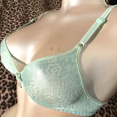 FRENCH LEJABY 1970s WIRELESS TRIANGLE BRA~SHEER GREEN~MADE IN FRANCE~NEW&BOX~XS • $59.95