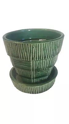 Vtg McCoy Pot Planter MCM Pottery Green Basket Weave Attached Underliner 1388JR • $29.95