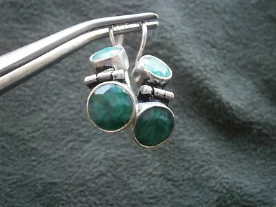 Dark Green Jade Hinged Vintage Silvertone Dangle Hook Earrings  5.5g • $9.50