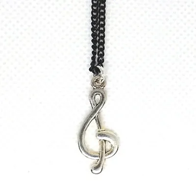 Treble Clef Music Note Pendant Necklace On Long Black Chain With Lobster Clasp • £4