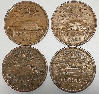 Lot  B  Set Of 4 Estados Unidos 20 Centavos Bronze Mexican Coins 1944-67 Vintage • $12.99