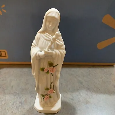 TOUCH OF ROSE St Therese Bisque STATUE BY ROMAN Mother Mary Cross Pink VTG 8  • $32.50