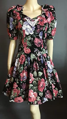 1980s True Vintage Fit Flare Puff Sleeve Floral Crinoline Party Prom Dress S • $95