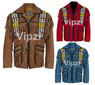 Mens Western Cowboy Fringe Coat Jacket Long Beaded Braid Brown Suede Leather VP9 • $96.16