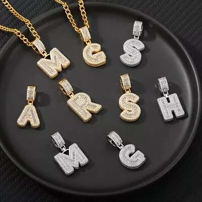 Alphabet Bubble Letter Initial Pendant Cubic Chain Hop Necklace Men Women Ice CZ • $13.99