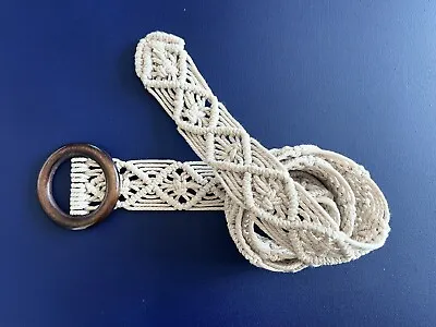 VTG 70’s Macrame Waist Belt Natural White Cord Wooden Buckle Hippie Chic Boho • $19.99