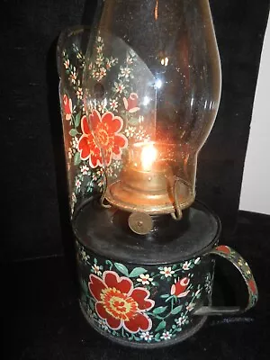 Vintage Oil Lamp Black Hand Painted Metal W/Clear Glass Chimney Finger Loop • $29.95