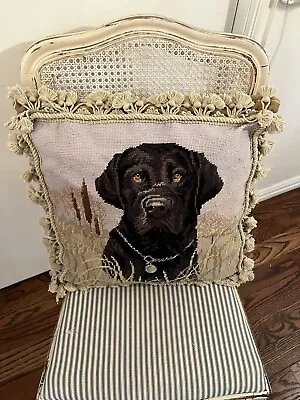 Vintage Wool Needlepoint Black Lab Dog Decorative Throw Pillow 18  Down Insert • $35