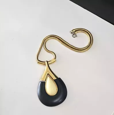 Crown Trifari Black Lucite Pendant Necklace 70s Paris Gold Tone Snake Chain VTG • $80