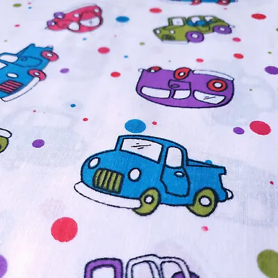 Retro Cars Dots On White Poly Cotton Fabric 58  By The Yard Vintage Car Print • $6