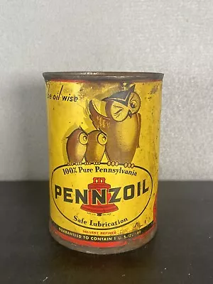 Vintage 1930's  1 QT Pennzoil Owls   Be Oil Wise  Oil Can FULL! SAE 10W • $99.99