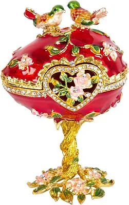 Bejeweled Red Faberge Egg Hinged Metal Enameled Crystal Trinket Box-Birds • $47.80