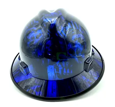 Made In The USA MSA Wide Brim Hard Hat Hydro Dipped Candy Blue Bad Ass Skulls • $70.40