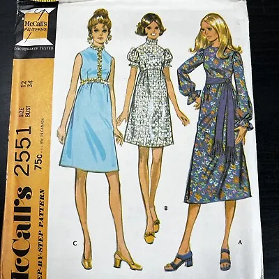 Vintage 1970s McCalls 2551 Mod Cottagecore Dress Sewing Pattern 12 XS UNCUT • $10