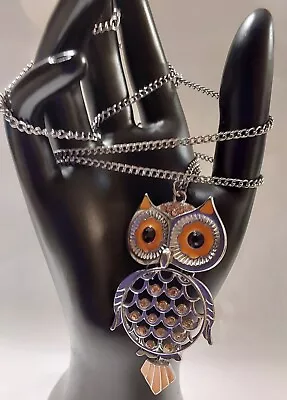$16.22 • Buy Owl Fall Orange Articulated Vntg Necklace Silvertone 32 Cpics Cmor Owls 650items