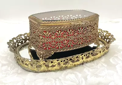 Vintage Ormolu Beveled Glass Jewelry Box Casket And Mirror Tray • $39.99