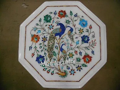 12 Inches Peacock Pattern Inlay Work Coffee Table Top White Marble Corner Table • $250.75