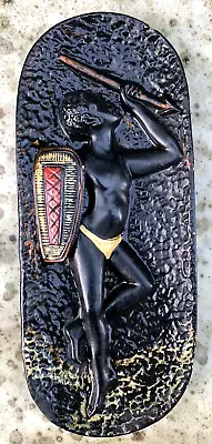 Vintage Mid Century 50s 60s Black Plaster Wall Plaque Man Tribal Spear Shield • £14