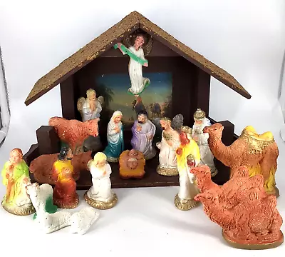 Vintage Nativity Wooden Manger Creche Stable With 19 Chalkware Figures • $55