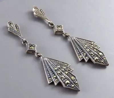 VTG Judith Jack STERLING SILVER Marcasite Dangle Earrings ART DECO VIBE Fan Drop • $33