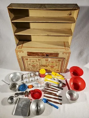 Vtg Ideal Toy Corp. Tin Litho Kitchen Hutch Cabinet With Dishes & Utensils #4369 • $89.95