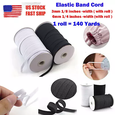 140 Yards Flat Braided Elastic Band 1/4  (6mm)1/8  (3mm) Width White & Black  • $15.99