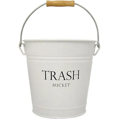 3.3-Gallon Metal Pail Trash Bucket Wastebasket With Wooden Handle White • $18.99